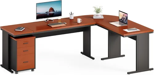 Vista 10 de LITTLE TREE Escritorio ejecutivo grande de 82.67 pulgadas de largo en forma de L para computadora con archivador móvil de 3 cajones, mueble