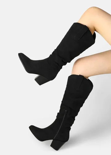 Vista 5 de mysoft Botas vaqueras hasta la rodilla para mujer, punta puntiaguda, tacón grueso medio, botas holgadas con cremalleras