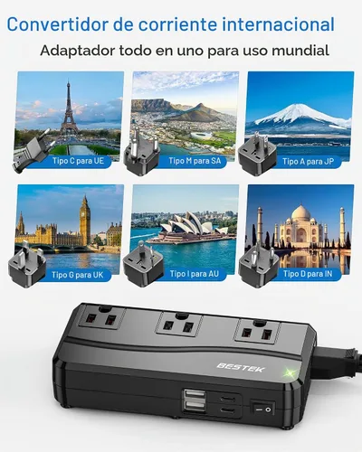 Vista 2 de BESTEK Convertidor de corriente de 250 W de 3 salidas y 4 puertos USB Transformador de voltaje de viaje 220V a 110V con adaptadores de enchufe