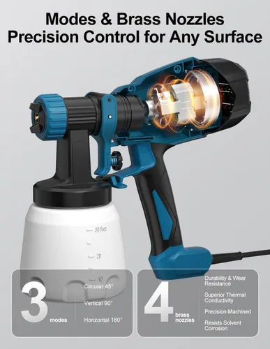 Vista 3 de Paint Sprayer, Electric Spray Paint Gun, 3 Modes & 4 Brass Nozzles, with Cleaning & Blowing Joints, Variable Flow Control, for Doors, Fences, Walls