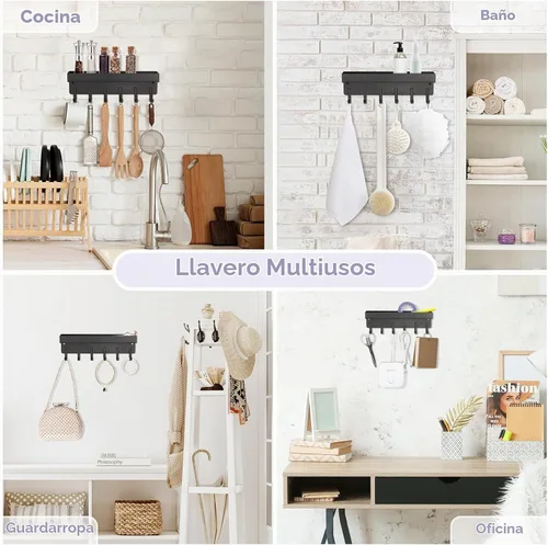 Vista 7 de VIS'V Soporte para llaves de pared, soporte adhesivo compacto para llaves con bandeja, 6 ganchos, 2 opciones de montaje, negro