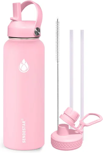 Vista 57 de SENDESTAR Botella de agua aislada de 24 onzas, boca ancha, botella de agua de 24 onzas con tapa con popote, tapa de boquilla, acero inoxidable