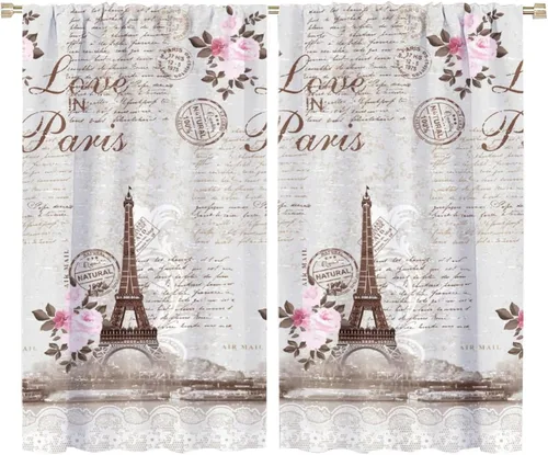 Vista 27 de Cortinas de la Torre Eiffel de París, pintura al óleo, flores moradas, torres de ciudad, con bolsillo para barra, cortinas de ventana