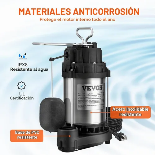 Vista 4 de VEVOR Bomba de sumidero sumergible de 1/2 HP, bomba de sumidero con superficie de acero inoxidable, cable de alimentación de 10 pies, descarga NPT