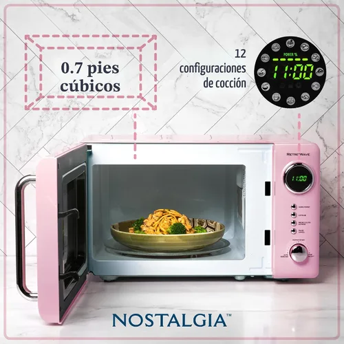 Vista 2 de Nostalgia Horno microondas para encimera con interior fácil de limpiar, microondas retro con pantalla LED y bloqueo para niños, horno compacto
