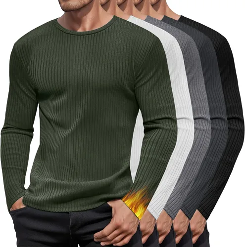 Vista 5 de Paquete de 5 camisas térmicas de algodón para hombre, manga larga, acanaladas, cuello redondo, ajustadas, suéter casual