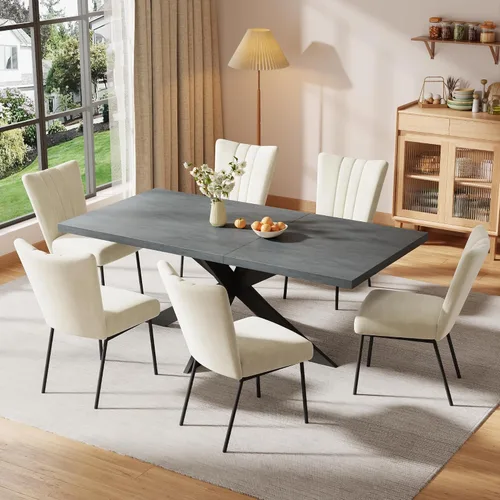 Vista 16 de ZckyCine Juego de mesa de comedor extensible de 6 piezas, moderna mesa de madera gris de 63 a 79 pulgadas con 6 sillas de tela gris, mesa de comedor