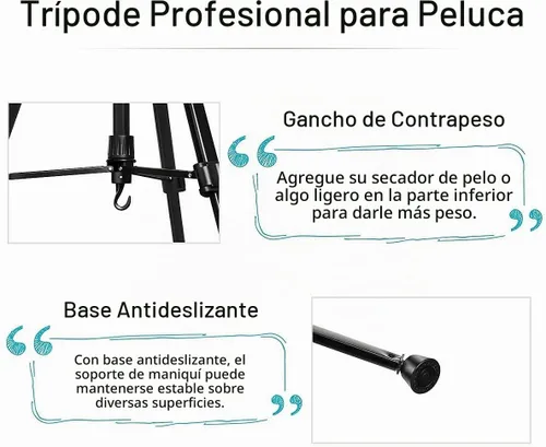 Vista 4 de DANSEE Trípode para peluca, soporte de cabeza de maniquí de metal ajustable (24 - 64 pulgadas)