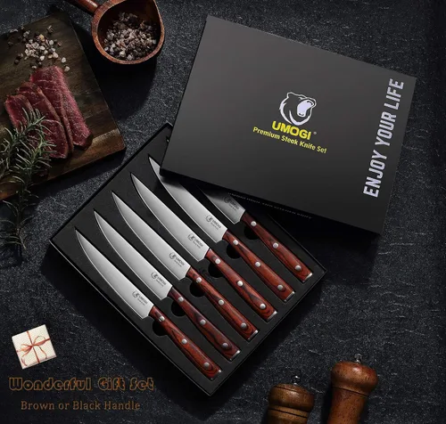 Vista 7 de Juego de 6 cuchillos de carne de alta calidad en caja de regalo, mango de madera pulida, acero inoxidable alemán HC, borde recto, no dentado