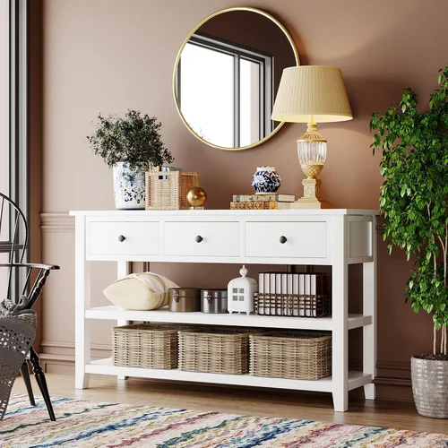 Vista 3 de GDFStudio Trexme - Mesa consola rectangular de madera de 50 pulgadas de largo con tres cajones de almacenamiento y dos estantes abiertos, mesa
