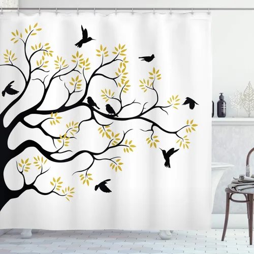 Vista 62 de Ambesonne Decor Collection, juego de cortina con ganchos para regadera Amarillo y marrón