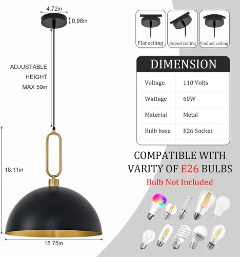 Vista 2 de Luces Colgantes de Cúpula de 15.75 Pulgadas, Luz de Metal Negro Dorado para Comedor, Accesorios de Iluminación de Candelabro Colgante Grande Moderno