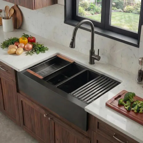 Vista 2 de LQS Fregadero de cocina de doble tazón para muchas ollas y sartenes, fregaderos de cocina de acero inoxidable para montaje bajo y caída