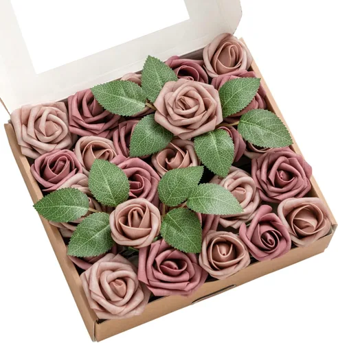 Vista 12 de Ling's moment Paquete de 25 capullos de rosas artificiales y rosas pequeñas con tallo, para ramos de boda, centros de mesa, decoración de ramilletes