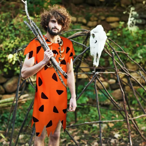 Vista 4 de Disfraz de Halloween para hombre, 3 piezas, disfraz de adulto, disfraz de hombre de las cavernas del tiempo prehistórico para fiesta de cosplay