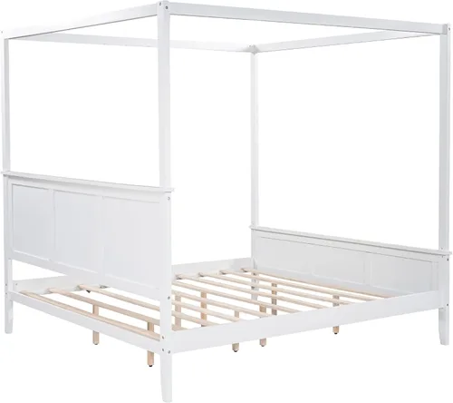 Vista 8 de Harper & Bright Designs Cama con dosel tamaño King con cabecera y estribo, cama de plataforma de madera con soporte de listones, tamaño King