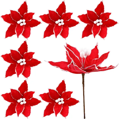 Vista 10 de Zeyune 6 Piezas Flores de Pascua Azules de Navidad Artificiales Grandes Espinas de Pascua Falsas Flores de Franela con Borde Helado para Adornos