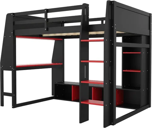 Vista 5 de KLMM Cama loft de madera creativa de tamaño individual con escritorio y estantes de almacenamiento múltiple, LED y un perchero para colgar ropa