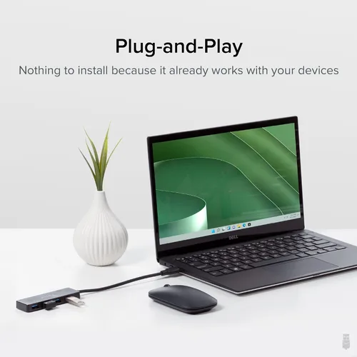 Vista 3 de Plugable Hub USB 3.0 de 4 puertos, divisor USB para laptop, compatible con Windows, Surface Pro, PC, Chromebook, Linux, Android, carga no compatible