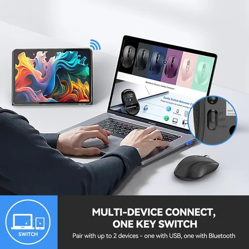 Vista 2 de TECKNET Ratón Bluetooth, 2-en-1 (BT 5.0/3.0+2.4Ghz) Ratones inalámbricos 4000DPI con conexión USB disponibles para ordenador portátil, ratón Negro