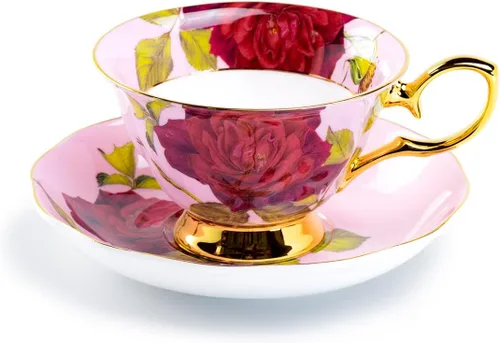 Vista 8 de Taza de té y platillo de porcelana de hueso rosa de tallo (negro)