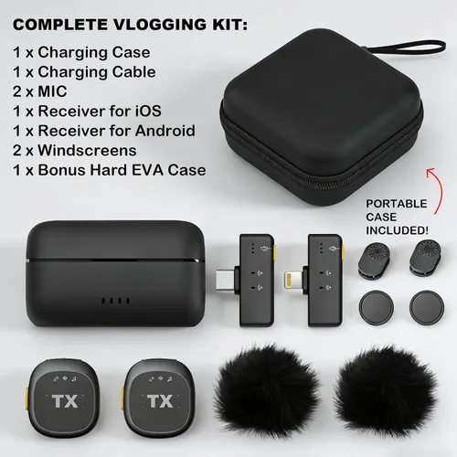 Vista 8 de BSONE Micrófono Lavalier inalámbrico para iPhone y Android, mini micrófono con clip con funda de carga, micrófonos profesionales recargables