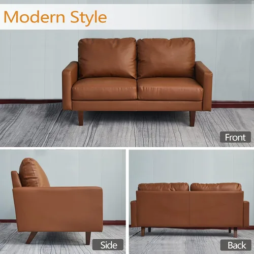 Vista 4 de INSTORY Sofá de dos plazas de cuero cómodo sofá moderno con patas de madera para sala de estar, oficina - marrón