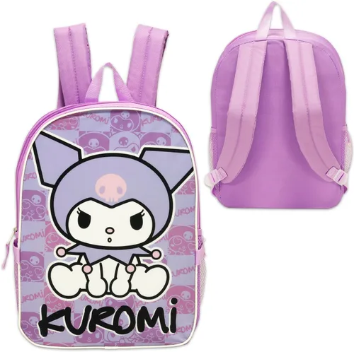 Vista 4 de Kuromi - Juego de mochila y lonchera – Paquete con mochila escolar Sanrio de 16 pulgadas, lonchera, botella de agua, tatuajes, más Kuromi mochila