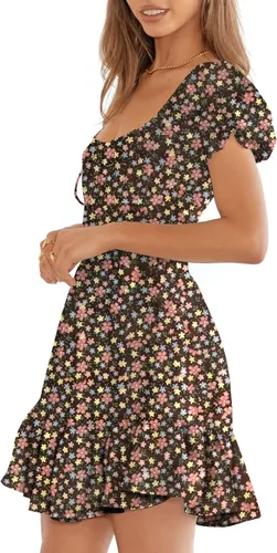Vista 2 de Heysolo Mini vestido de verano para mujer, estilo bohemio, floral, fruncido, cuello cuadrado, manga corta, con volantes, para playa