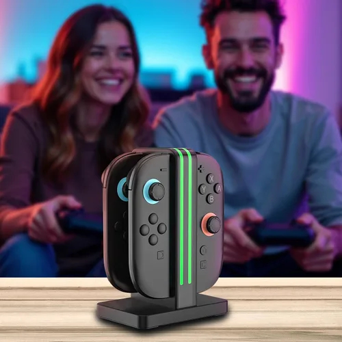 Vista 2 de Base de carga compatible con controladores Nintendo Switch 2 Joy Con, estación de carga Switch 2 con indicación LED y cable de carga, color negro