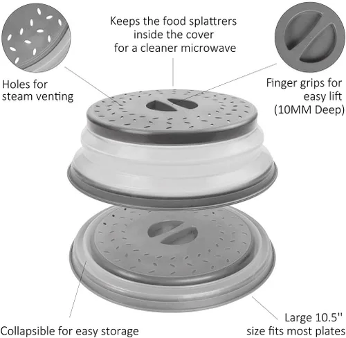 Vista 6 de Tapa plegable para microondas para alimentos, cubierta de salpicaduras de microondas, escurridor de frutas, sin BPA, apta para lavavajillas, 26.7 cm