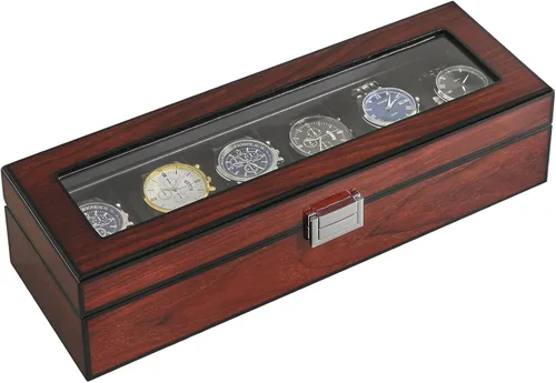 Vista 2 de IBUYKE JWB006H - Caja de reloj con almohada extraíble de 6 ranuras de madera maciza para hombre, organizador de joyas con tapa de cristal grande