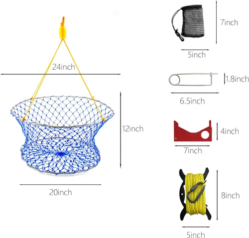Vista 4 de Stainless Collapsible Crab Net with 100ft Rope, Bait Bag, Clip & Ruler – 6 Pieces Portable Crab Trap for Easy Storage – Durable Grid Design for Dock