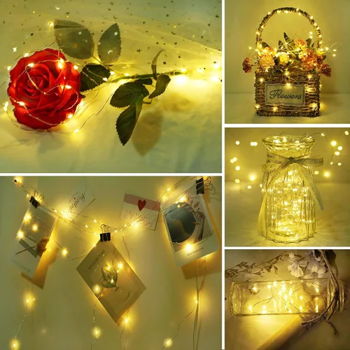 Vista 7 de Paquete de 15 tiras de 30 luces LED micro estrelladas que funcionan con pilas (incluidas), luces de alambre plateado impermeables de hadas