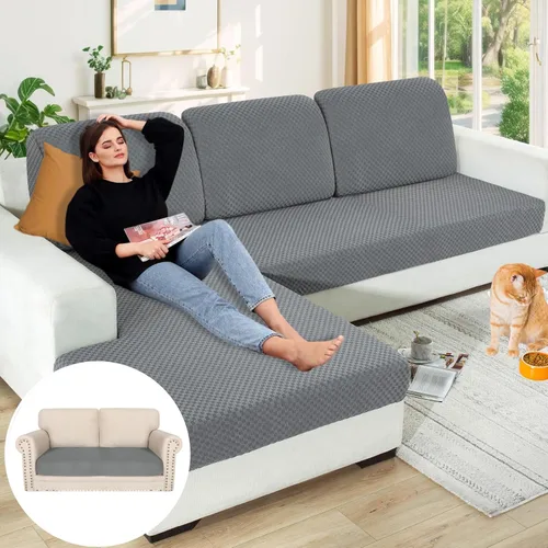 Vista 77 de YEMYHOM Funda de cojín para sofá, funda de cojín de asiento de alta elasticidad, tela jacquard geométrica de felpa, protector de sofá antideslizante