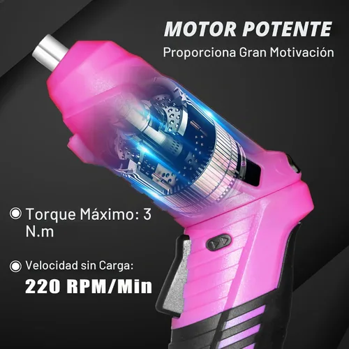 Vista 4 de Juego de herramientas rosa, juego de 130 piezas para el hogar para mujeres con destornillador recargable inalámbrico de 3.6V, juego básico