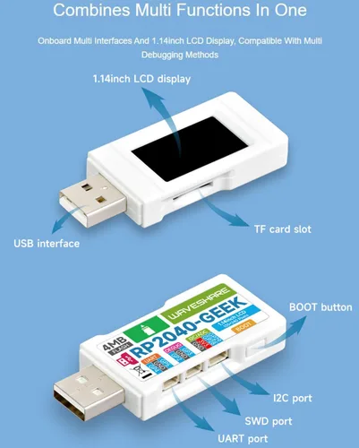 Vista 2 de Placa de desarrollo RP2040-GEEK basada en chip microcontrolador Raspberry Pi RP2040, descargador de depuración USB a bordo interfaz USB-A, ranura