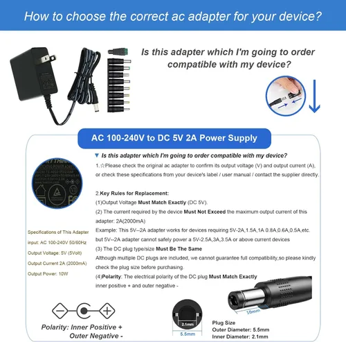 Vista 7 de Adaptador de fuente de alimentación de 5 V, 2 A, 1 A, 0,8 A, 0,5 A, adaptador de 10 W, adaptador de CA/CC de 100-240 V CA a CC 5 V con enchufe