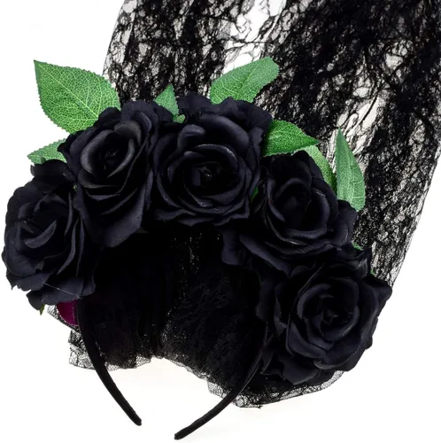 Vista 2 de June Bloomy - Diadema mexicana de día de muertos, disfraz de Halloween, velo con corona de rosas
