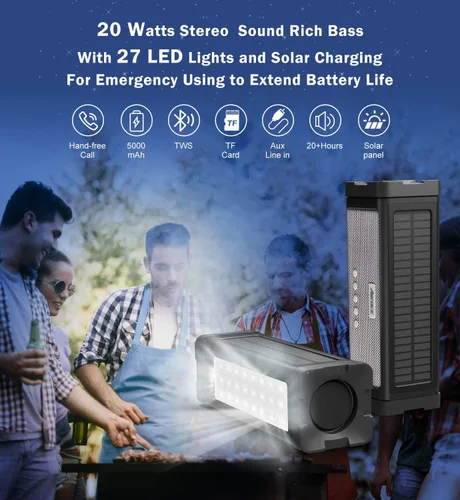 Vista 2 de Altavoz solar Bluetooth, IPX7, impermeable, portátil, de 20 W, con 27 luces LED, batería de 5000 mAh, micrófono, tarjeta TF, para ducha al aire