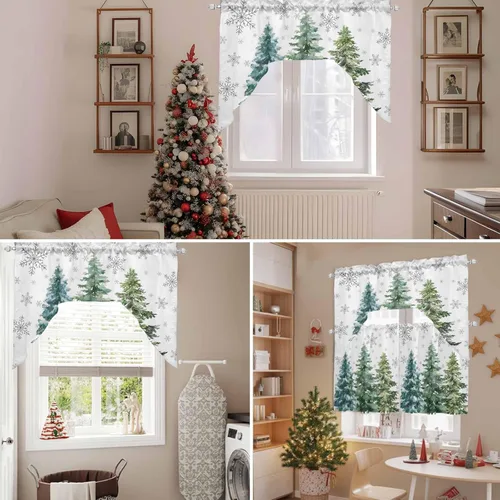 Vista 7 de Cortinas de cocina con cenefa de árbol de Navidad, cenefa con bolsillo para barra, paneles de cortina para dormitorio, sala de estar, baño