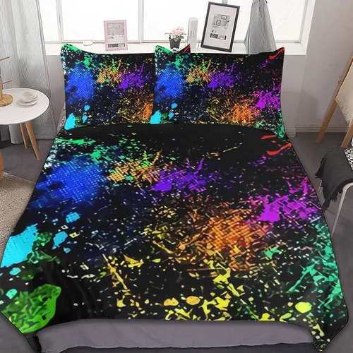 Vista 39 de Juego de 3 piezas de edredón neón que brilla en la oscuridad, funda de almohada de microfibra con cremallera para cama matrimonial, Queen