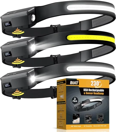 Vista 9 de Linterna frontal LED recargable, luz frontal de haz ancho de 230° con sensor de movimiento, rotación de 90° y luces frontales removibles
