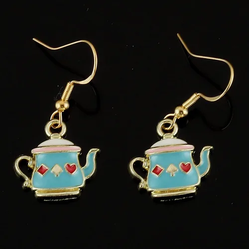 Vista 3 de Regalos temáticos de tetera para mujer, aretes de Wonder Land, mini tetera ornamental, tetera de burbujas, aretes de tetera verde, Acero inoxidable