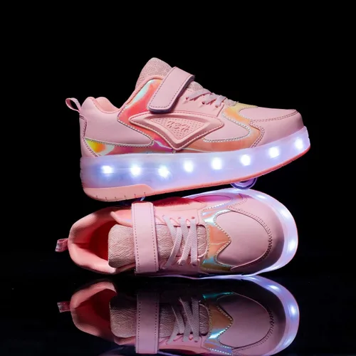 Vista 4 de HHSTS Zapatos para niños con ruedas, zapatos de color de luz LED, patines brillantes, zapatos de patinaje, regalos simples para niños y niñas