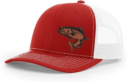 Vista 42 de Sombrero de pesca de trucha con parche de cuero grabado láser Richardson 112 Snapback Trucker Cap