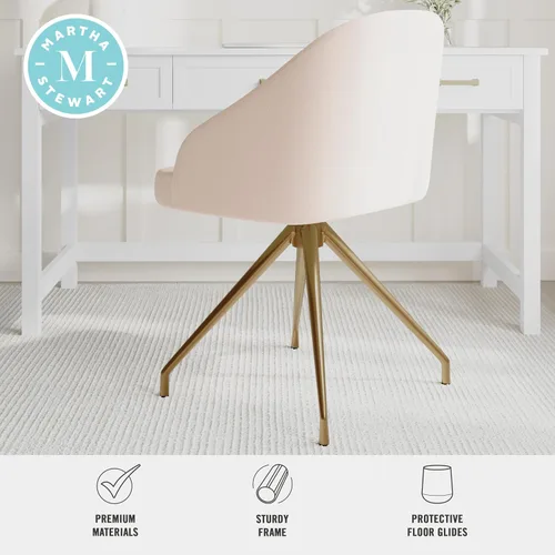 Vista 5 de Martha Stewart Sora Silla de Trabajo Giratoria Fija con Brazos Inclinados para Oficina en Casa en Tela Conch Shell con Marco de Latón Pulido