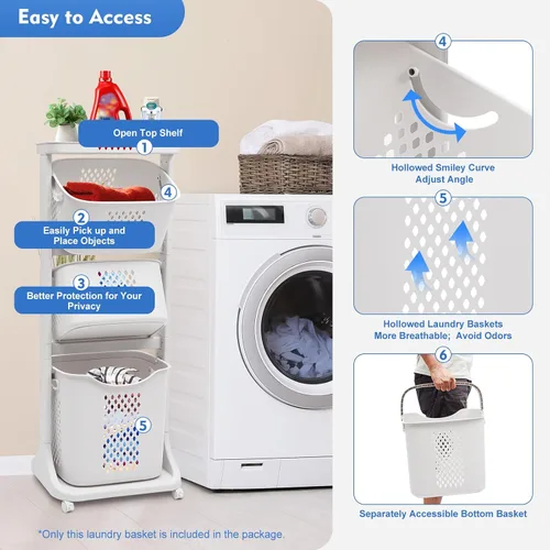 Vista 5 de Cesta de lavandería para baño, cesta de almacenamiento de ropa multicapa, cesta de lavandería de 3 niveles con ruedas, cesta clasificadora de ropa