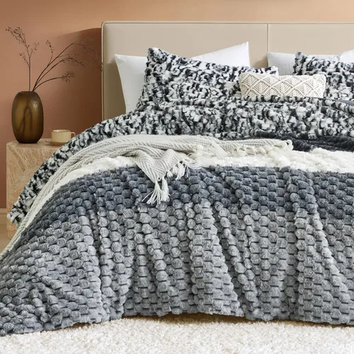 Vista 14 de Petrichor Juego de edredón esponjoso tamaño individual, edredón grueso de franela negra ultrasuave para cama Queen, juego de ropa de cama cálido