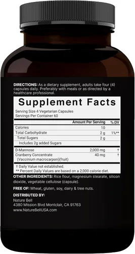 Vista 7 de NatureBell Cápsulas de D-manosa de 500 mg (2,000 mg por porción) 240 cápsulas vegetales + concentrado de arándano de 40 mg – Pastillas de acción